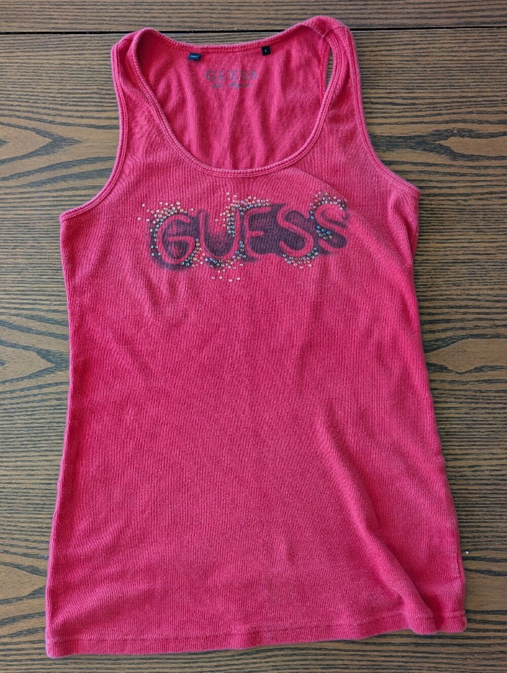 Guess y2k red Rhinestone Logo Ribbed Tank Top